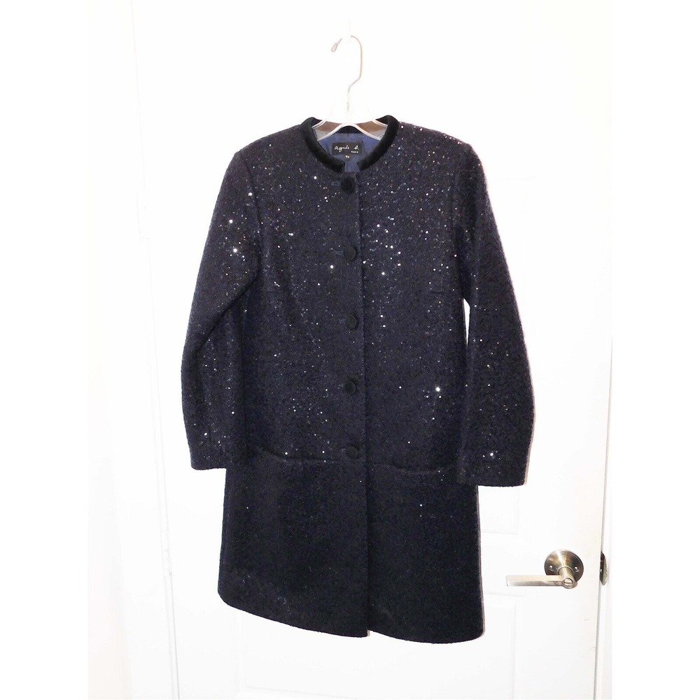 Agnes B Paris Navy Blue Black Velvet Trim Full Coverage Sequin Coat sz S